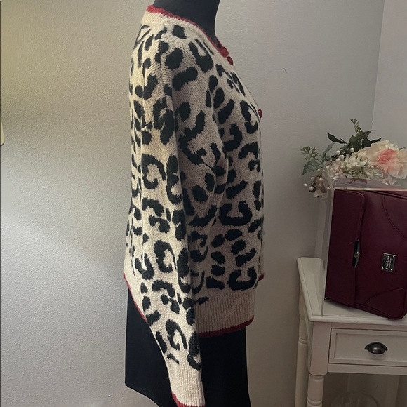 Black and Cream Leopard Print Sweater with Red Trim - Picture 3 of 10